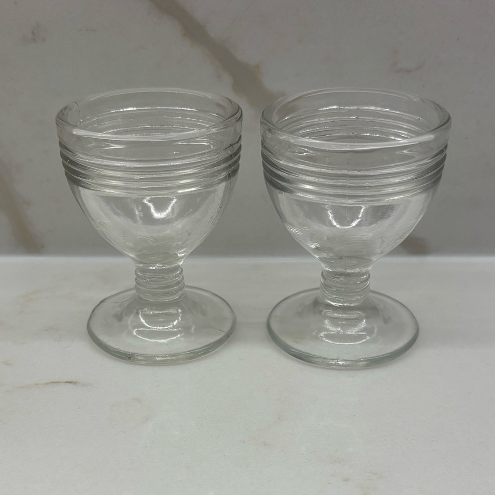Pair of Vintage Dominion Clear Glass Egg Cups Saguenay Pattern 3 Ribbed Strips